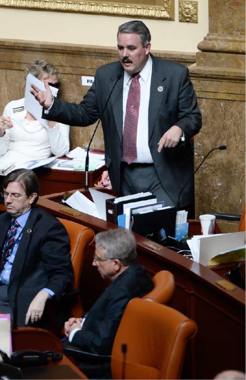Francisco Kjolseth  |  The Salt Lake Tribune 
Rep. Lee Perry, R-Perry, sums up HB79, safety belt amendments that aims at having more people buckle up behind the wheel, passed the House 41 to 32 on Tuesday, Feb. 17, 2015.