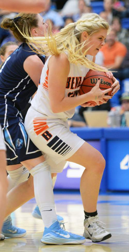 Steve Griffin  |  The Salt Lake Tribune

Brighton's McCall Christensen (22)  powers into the lane during second round game against  Layton of the girl's 5A basketball state tournament at SLCC in Taylorsville, Wednesday, February 18, 2015.