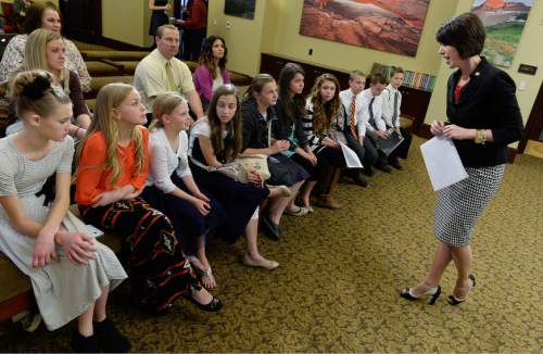 Francisco Kjolseth  |  The Salt Lake Tribune 
Student council 6th graders from Sierra Bonita Elementary in the Nebo school district visit Sen. Deidre Henderson, R-Spanish Fork, on Tuesday, Feb. 17, 2015, as they learn about government and offer suggestions of their own. Following a tour of the Capitol, the students pitched their idea for a bill that would require lawmakers to spend time in schools before sponsoring education legislation.