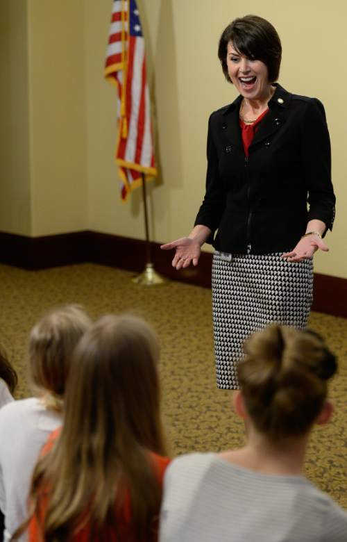 Francisco Kjolseth  |  The Salt Lake Tribune 
Student council 6th graders from Sierra Bonita Elementary in the Nebo school district visit Sen. Deidre Henderson, R-Spanish Fork on Tuesday, Feb. 17, 2015, as they learn about government and offer suggestions of their own. Following a tour of the Capitol, the students pitched their idea for a bill that would require lawmakers to spend time in schools before sponsoring education legislation.