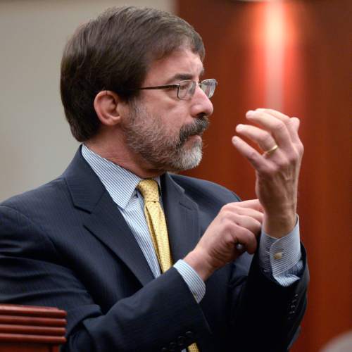 Al Hartmann  |  The Salt Lake Tribune
Defense attorney Fred Metos makes his opening statement to the jury for his client John Brickman Wall in a four-week murder trial in 3rd District Court Wednesday, Feb. 18, 2015, in Salt Lake City. He is describing how the needle-like scatches to his client's arms were more consistent with a rosebush thorn rather than his wife's fingernails in a struggle. Wall is accused of killing his ex-wife Uta von Schwedler in her Sugar House home in September 2011.