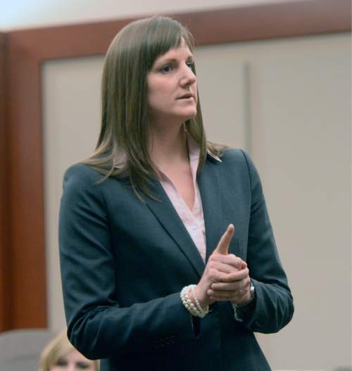 Al Hartmann  |  The Salt Lake Tribune
Deputy Salt Lake County District Attorney Anna Rossi makes her opening statement to the jury at the start of John Brickman Wall's four-week murder trial in 3rd District Court Wednesday Feb. 18, 2015, in Salt Lake City. Wall is accused of killing his ex-wife Uta von Schwedler in her Sugar House home in September 2011.