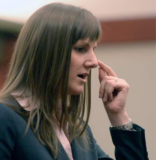 Al Hartmann  |  The Salt Lake Tribune
Deputy Salt Lake County District Attorney Anna Rossi makes her opening statement to the jury at the start of Johnny Brickman Wall's four-week murder trial in 3rd District Court Wednesday Feb. 18, 2015, in Salt Lake City. She pointed to her eye describing the scrape to Johnny Wall's eye the day after finding his wife dead in her bath tub. Wall is accused of killing his ex-wife and Uta von Schwedler in her Sugar House home in September 2011.
