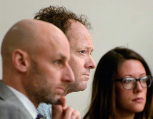 Al Hartmann  |  The Salt Lake Tribune
 Johnny Brickman Wall, left, listens to the prosecution's opening statement to the jury in his four-week murder trial in 3rd District Court Wednesday Feb. 18, 2015, in Salt Lake City.  Wall is accused of killing his ex-wife Uta von Schwedler in her Sugar House home in September 2011.