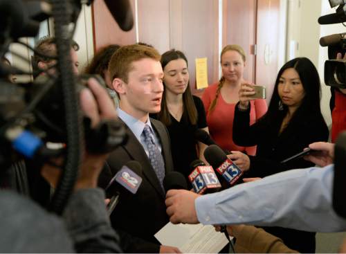 Al Hartmann  |  The Salt Lake Tribune
Pelle Wall, oldest son of Johnny Wall and Uta von Schwedler, makes a statement to the media before the start of a four-week trial that began in 3rd District Court Wednesday Feb. 18, 2015, in Salt Lake City for the former Utah pediatrician accused of killing his ex-wife. Johnny Brickman Wall, 51, has pleaded not guilty to first-degree felony murder in connection to Uta von Schwedler's death at her Sugar House home in 2011.