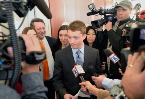 Al Hartmann  |  The Salt Lake Tribune
Pelle Wall, oldest son of John Wall and Uta von Schwedler makes a statement to the media before the start of a four-week trial that began in 3rd District Court Wendesday Feb. 18, 2015, in Salt Lake City. John Brickman Wall, 51, has pleaded not guilty to first-degree felony  murder in connection with Uta von Schwedlerís death at her Sugar House home in 2011.