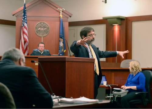Al Hartmann  |  The Salt Lake Tribune
Defense attorney Fred Metos makes his opening statement to the jury for his client John Brickman Wall in a four-week murder trial in 3rd District Court Wednesday Feb. 18, 2015, in Salt Lake City. Wall is accused of killing his ex-wife Uta von Schwedler in her Sugar House home in September 2011.