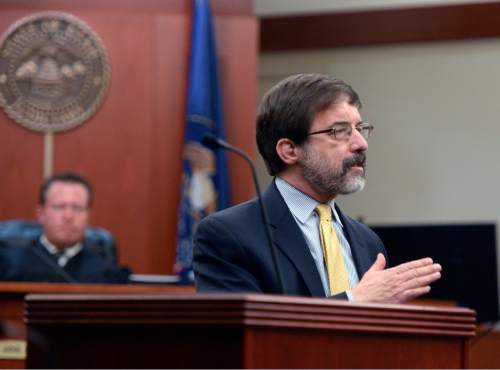 Al Hartmann  |  The Salt Lake Tribune
Defense attorney Fred Metos makes his opening statement to the jury for his client Johnny Brickman Wall in a four-week murder trial in 3rd District Court Wednesday Feb. 18, 2015, in Salt Lake City.  Wall is accused of killing his ex-wife Uta von Schwedler in her Sugar House home in September 2011.