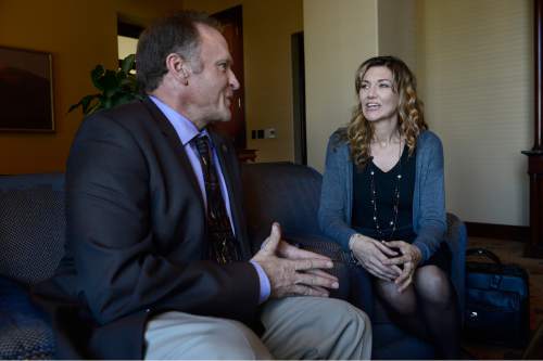 Scott Sommerdorf   |  The Salt Lake Tribune
Medical Marijuana lobbyist Christine Stenquist speaks with Senator Mark Madsen, R-Saratoga Springs, in the Utah Senate, Thursday, February 19, 2015.
