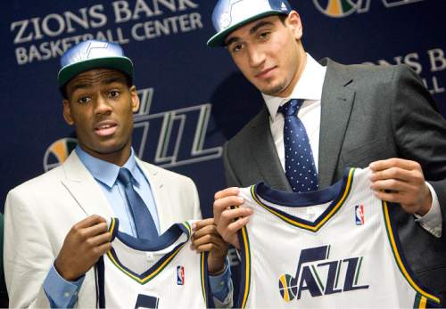 Djamila Grossman  |  The Salt Lake Tribune

The two new Jazz players, Enes Kanter and Alec Burks, hold up their new jerseys during a press conference a day after the 2011 NBA draft, at the Zions Bank Basketball Center in Salt Lake City, Utah, on Friday, June 24, 2011.