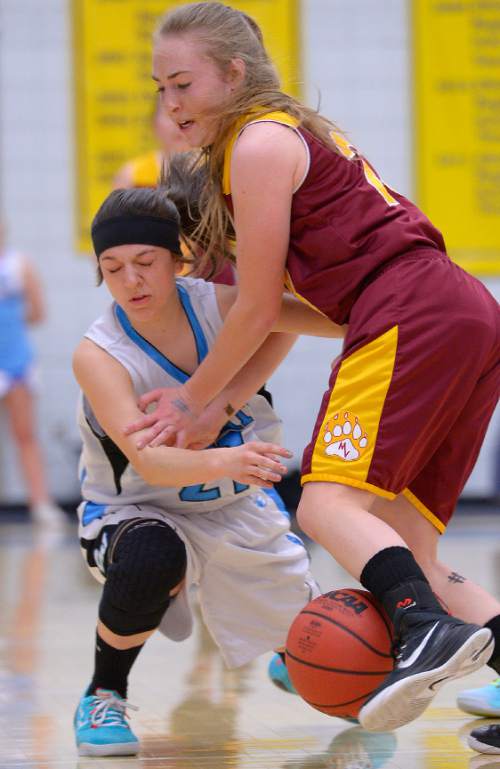 Leah Hogsten  |  The Salt Lake Tribune
Mountain View's Natalie Hall runs into Sky View's Kylie Hale. Sky View High School girls basketball team  defeated Mountain View High School 65-45 during the 4A State Championships semi-final game, Friday, February 20, 2015 at Salt Lake Community College's Lifetime Activities Center.