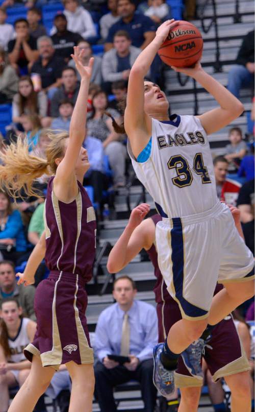 Leah Hogsten  |  The Salt Lake Tribune
Skyline's Hillary Weixler hits the rim. Skyline High School girls basketball team  defeated Maple Mountain High School 56-39 during the 4A State Championships semi-final game, Friday, February 20, 2015 at Salt Lake Community College's Lifetime Activities Center.