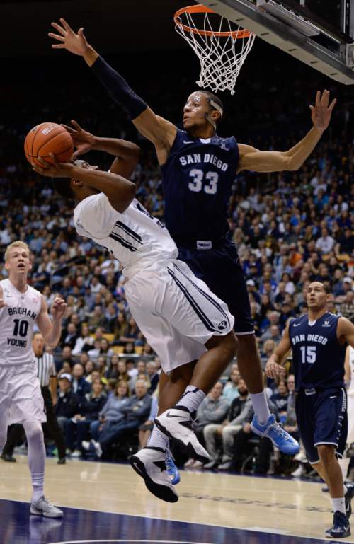 Francisco Kjolseth  |  The Salt Lake Tribune 
Frank Bartley IV, goes up against Jito Kok of San Diego in game action at the Marriott Center in Provo on Thursday, Feb. 19, 2015.