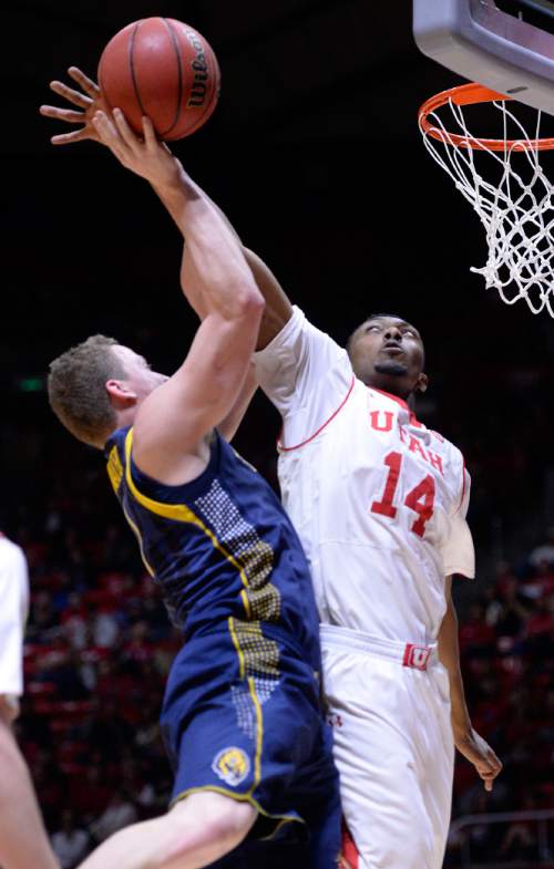 Al Hartmann  |  The Salt Lake Tribune
Ute Dakarai Tucker shuts down the shot of California Golden Bears' Dwight Tarwater  at the Huntsman Center Sunday Feb. 15.