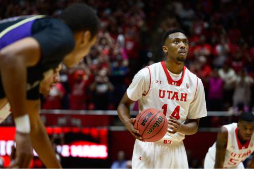 Scott Sommerdorf   |  The Salt Lake Tribune
Utah Utes G/F Dakarai Tucker (14) sizes up a free throw during second half play. Utah beat Washington 77-56 at the Hunstman Center, Sunday, January 25, 2015.