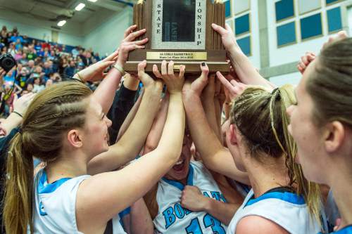 Chris Detrick  |  The Salt Lake Tribune
Sky View's Alyssa Walker (13) and her teammates celebrate after winning the 4A State Championship game at Salt Lake Community College Lifetime Activities Center Saturday February 21, 2015. Sky View defeated Skyline 43-32.