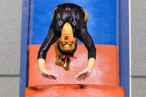 Trent Nelson  |  The Salt Lake Tribune
Utah's Kari Lee on the vault as the University of Utah Utes host Stanford, college gymnastics at the Huntsman Center in Salt Lake City, Saturday February 21, 2015.