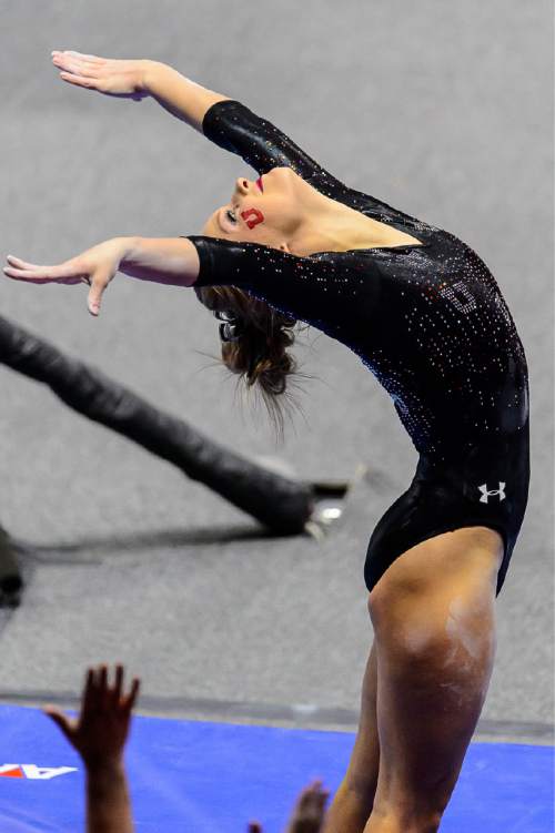 Trent Nelson  |  The Salt Lake Tribune
Utah's Georgia Dabritz on the bars as the University of Utah Utes host Stanford, college gymnastics at the Huntsman Center in Salt Lake City, Saturday February 21, 2015.