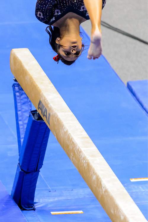 Trent Nelson  |  The Salt Lake Tribune
Utah's Kailah Delaney on the beam as the University of Utah Utes host Stanford, college gymnastics at the Huntsman Center in Salt Lake City, Saturday February 21, 2015.