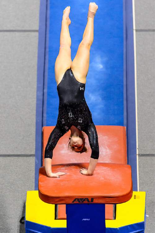 Trent Nelson  |  The Salt Lake Tribune
Utah's Samantha Partyka on the vault as the University of Utah Utes host Stanford, college gymnastics at the Huntsman Center in Salt Lake City, Saturday February 21, 2015.