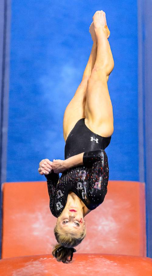 Trent Nelson  |  The Salt Lake Tribune
Utah's Georgia Dabritz on the vault as the University of Utah Utes host Stanford, college gymnastics at the Huntsman Center in Salt Lake City, Saturday February 21, 2015.