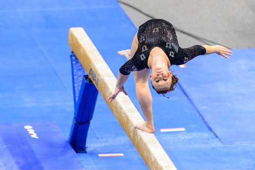 Trent Nelson  |  The Salt Lake Tribune
Utah's Maddy Stover on the beam as the University of Utah Utes host Stanford, college gymnastics at the Huntsman Center in Salt Lake City, Saturday February 21, 2015.