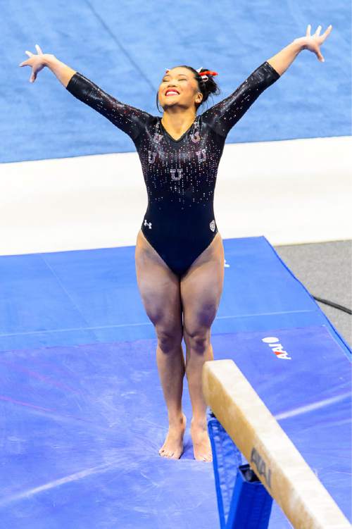 Trent Nelson  |  The Salt Lake Tribune
Utah's Kari Lee on the beam as the University of Utah Utes host Stanford, college gymnastics at the Huntsman Center in Salt Lake City, Saturday February 21, 2015.