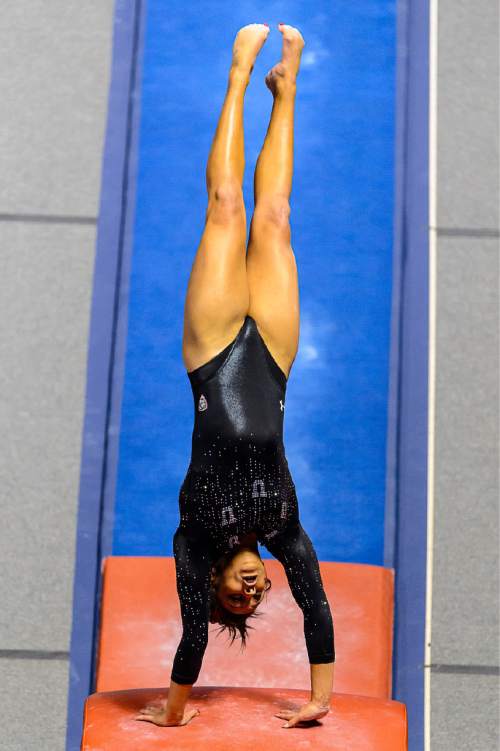 Trent Nelson  |  The Salt Lake Tribune
Utah's Kailah Delaney on the vault as the University of Utah Utes host Stanford, college gymnastics at the Huntsman Center in Salt Lake City, Saturday February 21, 2015.