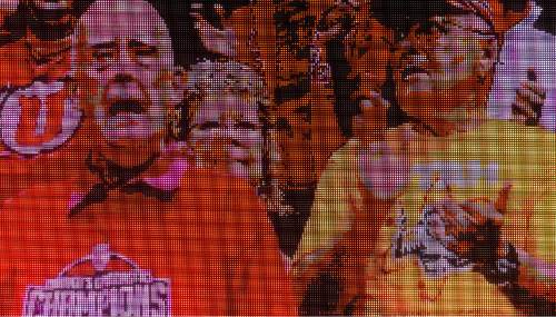 Trent Nelson  |  The Salt Lake Tribune
Utah fans appear on the scoreboard video screen as the University of Utah Utes host Stanford, college gymnastics at the Huntsman Center in Salt Lake City, Saturday February 21, 2015.