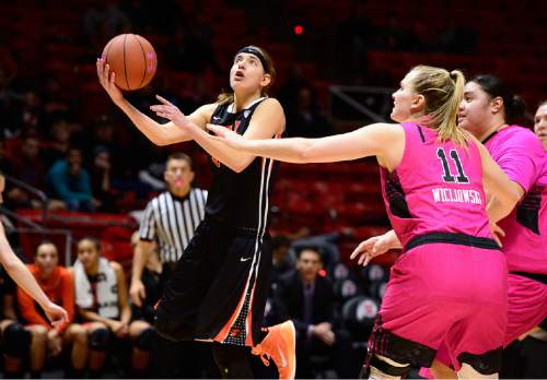 Scott Sommerdorf   |  The Salt Lake Tribune
Oregon State Beavers guard Sydney Wiese (24) gets an easy layup during second half play. Oregon State defeated Utah 52-42, Sunday, February 22, 2015.