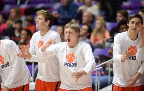Steve Griffin  |  The Salt Lake Tribune

The Brighton bench signals a three-pointer during the opening round of the boy's 5A basketball state tournament game against American Fork at the Dee Events Center in Ogden, Monday, February 23, 2015.