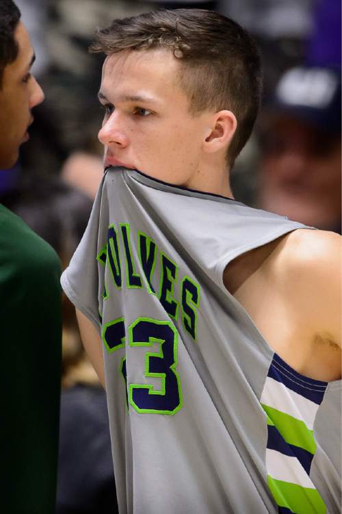 Trent Nelson  |  The Salt Lake Tribune
Timpanogos's Conner Halford (23) reacts to the loss as Kearns faces Timpanogos High School in the state 4A boys basketball tournament at the Dee Events Center in Ogden, Tuesday February 24, 2015.