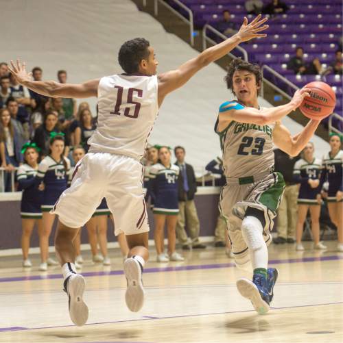 Rick Egan  |  The Salt Lake Tribune

Lone Peak guard Franklin Jackson (15) defends as Copper Hills guard Preston Sanchez (23) brings the ball down court,  in 5A Boys Basketball StateTournament action, Lone Peak vs Copper Hills, at the Dee Event Center, Monday, February 23, 2015