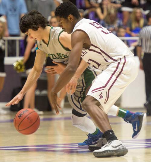 Rick Egan  |  The Salt Lake Tribune

Lone Peak guard Christian Popoola (51) looses the ball to Copper Hills guard Preston Sanchez (23), in 5A Boys Basketball StateTournament action, Lone Peak vs Copper Hills, at the Dee Event Center, Monday, February 23, 2015