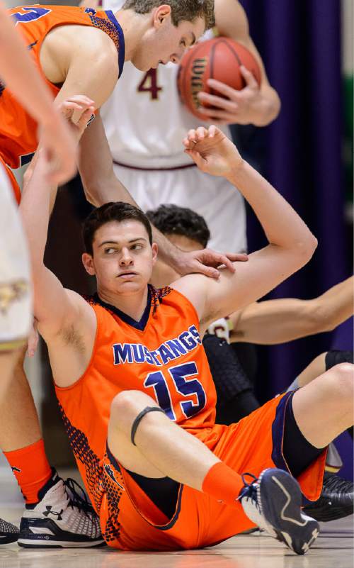 Trent Nelson  |  The Salt Lake Tribune
Mountain Crest's Jonathan Huff (15) reacts after picking up his fifth foul, as Maple Mountain faces Mountain Crest High School in the state 4A boys basketball tournament at the Dee Events Center in Ogden, Tuesday February 24, 2015.