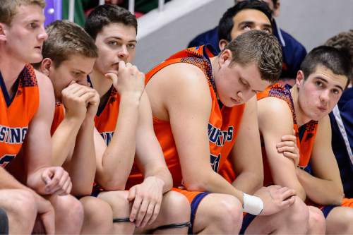 Trent Nelson  |  The Salt Lake Tribune
The Mountain Crest bench reacts to the loss as Maple Mountain faces Mountain Crest High School in the state 4A boys basketball tournament at the Dee Events Center in Ogden, Tuesday February 24, 2015.