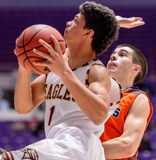 Trent Nelson  |  The Salt Lake Tribune
Maple Mountain's Jaren Hall (1) puts up a shot ahead of Mountain Crest's Jonathan Huff (15), as Maple Mountain faces Mountain Crest High School in the state 4A boys basketball tournament at the Dee Events Center in Ogden, Tuesday February 24, 2015.