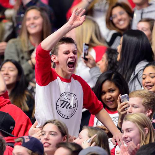 Trent Nelson  |  The Salt Lake Tribune
East fans celebrate as the game goes into overtime, as East faces Olympus High School in the state 4A boys basketball tournament at the Dee Events Center in Ogden, Tuesday February 24, 2015.