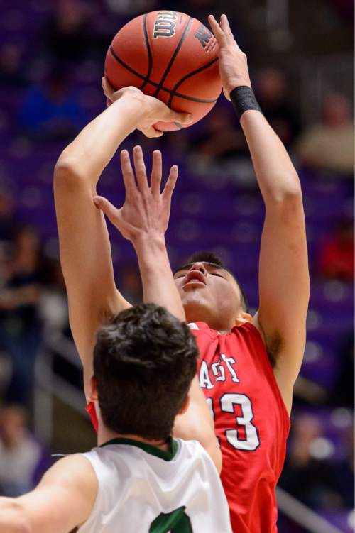Trent Nelson  |  The Salt Lake Tribune
East's Dacian Spotted Elk defended by Olympus' Nathaniel Fox (3), as East faces Olympus High School in the state 4A boys basketball tournament at the Dee Events Center in Ogden, Tuesday February 24, 2015.