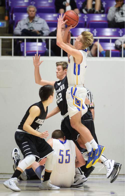 Steve Griffin  |  The Salt Lake Tribune

Orem's Wilhelm Clark shoots over a stack of bodies during opening round of the boy's 4A basketball state tournament game against  Highland at the Dee Event Center in Ogden, Tuesday, February 24, 2015.