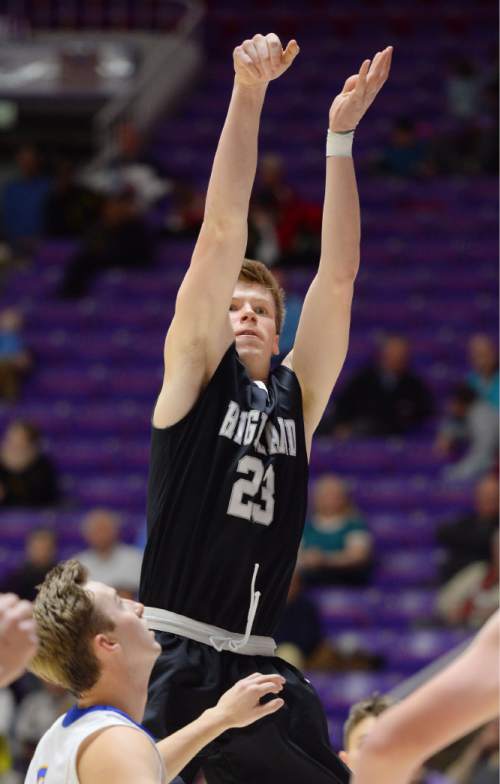 Steve Griffin  |  The Salt Lake Tribune

Highland's Brandon Warr (23) follows through on a jumper during opening round of the boy's 4A basketball state tournament game against Orem at the Dee Event Center in Ogden, Tuesday, February 24, 2015.