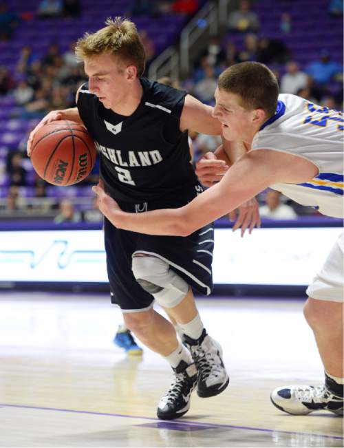 Steve Griffin  |  The Salt Lake Tribune

Orem's Richard Harward (55) grabs Highland's Ryan Lambson (2) during opening round of the boy's 4A basketball state tournament game at the Dee Event Center in Ogden, Tuesday, February 24, 2015.