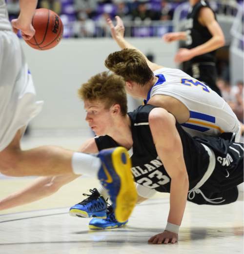 Steve Griffin  |  The Salt Lake Tribune

Highland's Brandon Warr (23) dives for the ball during opening round of the boy's 4A basketball state tournament game agasint  Orem at the Dee Event Center in Ogden, Tuesday, February 24, 2015.