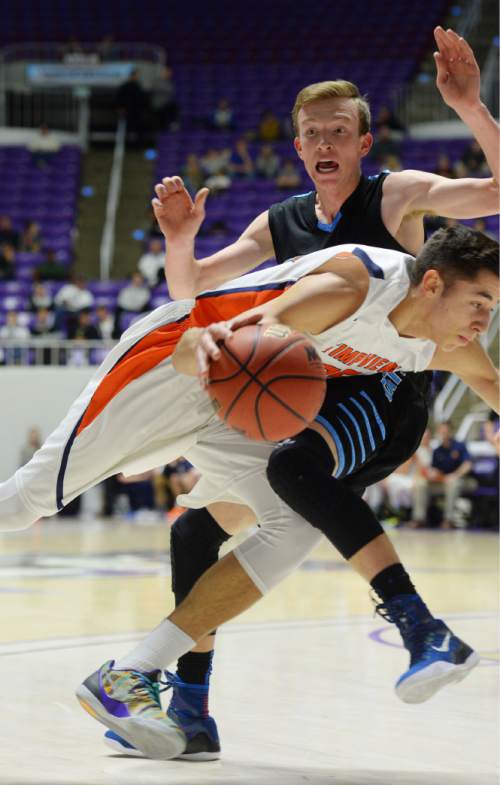 Steve Griffin  |  The Salt Lake Tribune

Timpview's Gavin Baxter (25) tries to get past Sky View's Riley Panter (35) during opening round of the boy's 4A basketball state tournament game at the Dee Event Center in Ogden, Tuesday, February 24, 2015.