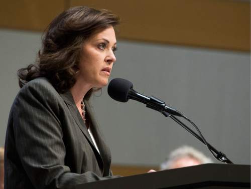 Rick Egan  |  The Salt Lake Tribune
Speaker Becky Lockhart argues her side during the debate about who should manage Utah's public lands at the Salt Lake City Library, Wednesday, May 14, 2014