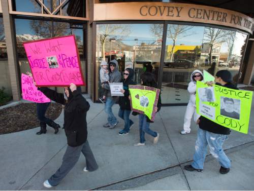 Rick Egan  |  The Salt Lake Tribune

Supporters of Cody Evans march down center street to the Provo Police Department, during a rally in Provo, Wednesday, February 25, 2015
