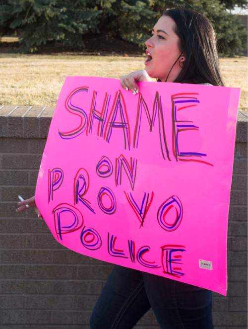Rick Egan  |  The Salt Lake Tribune

Jamie Kinyon marches to the Provo Police Station with supported of Cody Evans, during a rally in Provo, Wednesday, February 25, 2015