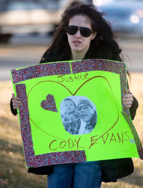 Rick Egan  |  The Salt Lake Tribune

Joana Evans marches to the Provo Police Station with supporters of Cody Evans, during a rally in Provo, Wednesday, February 25, 2015
