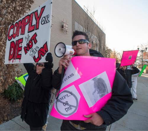 Rick Egan  |  The Salt Lake Tribune

Ryan Peltekian marches to the Provo Police Station, along with other supporters of Cody Evans, Wednesday, February 25, 2015