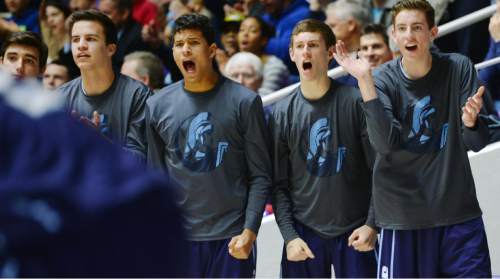 Steve Griffin  |  The Salt Lake Tribune

The Layton bench jumps to their feet after a basket during quarterfinals of the boy's 5A basketball state tournament game between against Bingham at the Dee Event Center in Ogden, Wednesday, February 25, 2015.